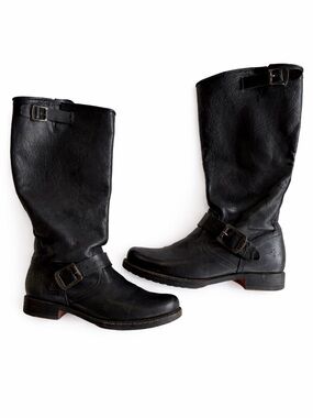 Frye Black Leather Moto Combat Boots with Buckles